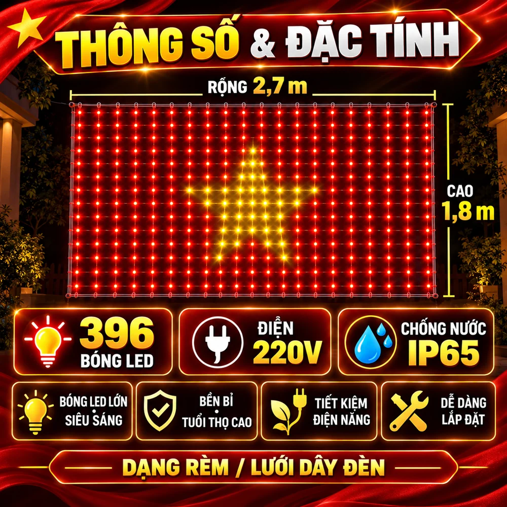 Kích thước 2,7 × 1,8 m và đặc tính đèn LED lá cờ